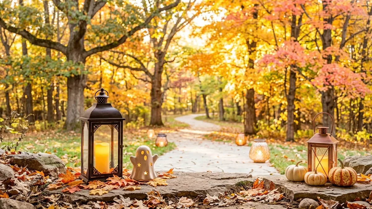 Fall Scene Frame TV sign — a lantern-lined woodland path with glowing lanterns, pumpkins, and a smiling ghost figure nestled in autumn leaves